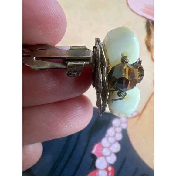 Vintage Clip-on Earrings AB MOP Haskell Era Filagree Back Smoky Quartz Look - Picture 2 of 16